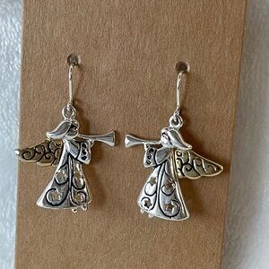 Vintage angel blowing trumpet, dangle, earrings, silver, and gold